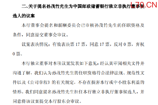 邮储银行：提名孙茂竹为独立非执行董事候选人